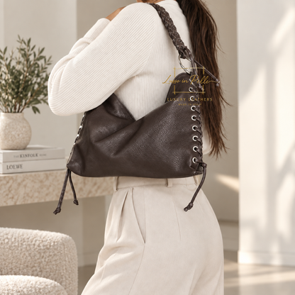 Genuine Leather Shoulder Bag with Lace-Up Detail