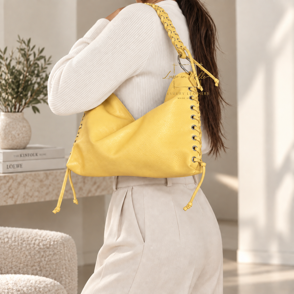 Genuine Leather Shoulder Bag with Lace-Up Detail