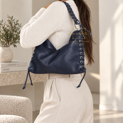 Genuine Leather Shoulder Bag with Lace-Up Detail