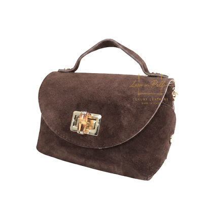 Genuine Suede Mini Top Handle Bag with Bamboo Twist Lock & Chain Strap