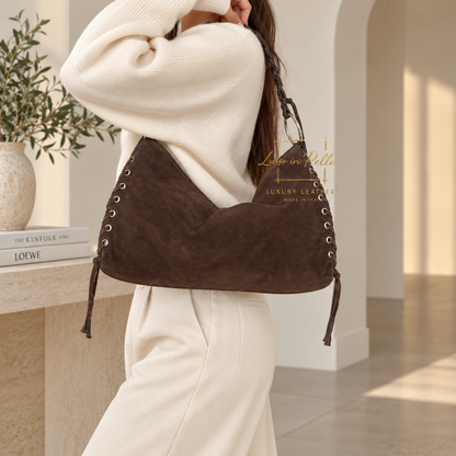 Genuine Suede Shoulder Bag with Lace-Up Detail