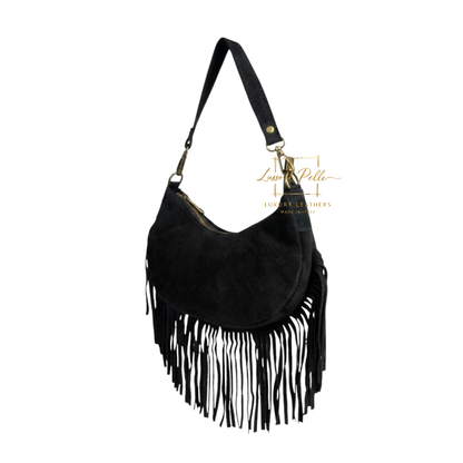 Genuine Small Suede Fringe Shoulder Bag with Adjustable Detachable Crossbody Strap