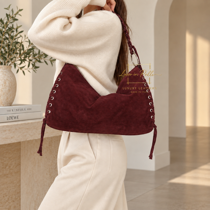 Genuine Suede Shoulder Bag with Lace-Up Detail