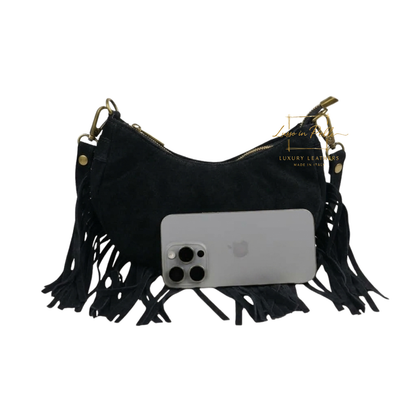 Genuine Small Suede Fringe Shoulder Bag with Adjustable Detachable Crossbody Strap