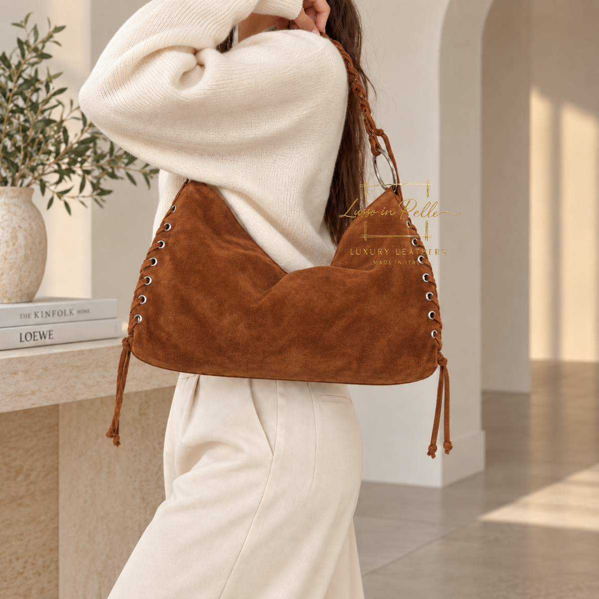 Genuine Suede Shoulder Bag with Lace-Up Detail