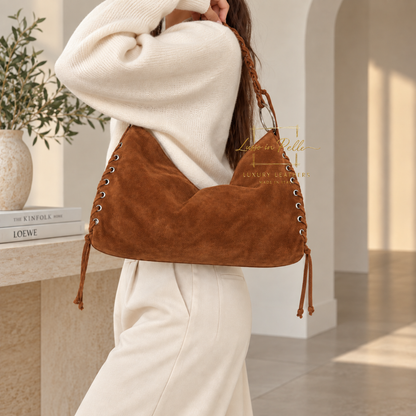Genuine Suede Shoulder Bag with Lace-Up Detail
