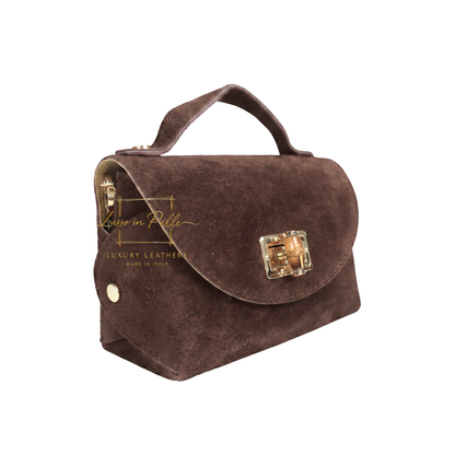 Genuine Suede Mini Top Handle Bag with Bamboo Twist Lock & Chain Strap