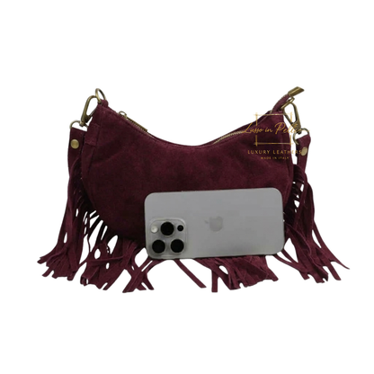 Genuine Small Suede Fringe Shoulder Bag with Adjustable Detachable Crossbody Strap