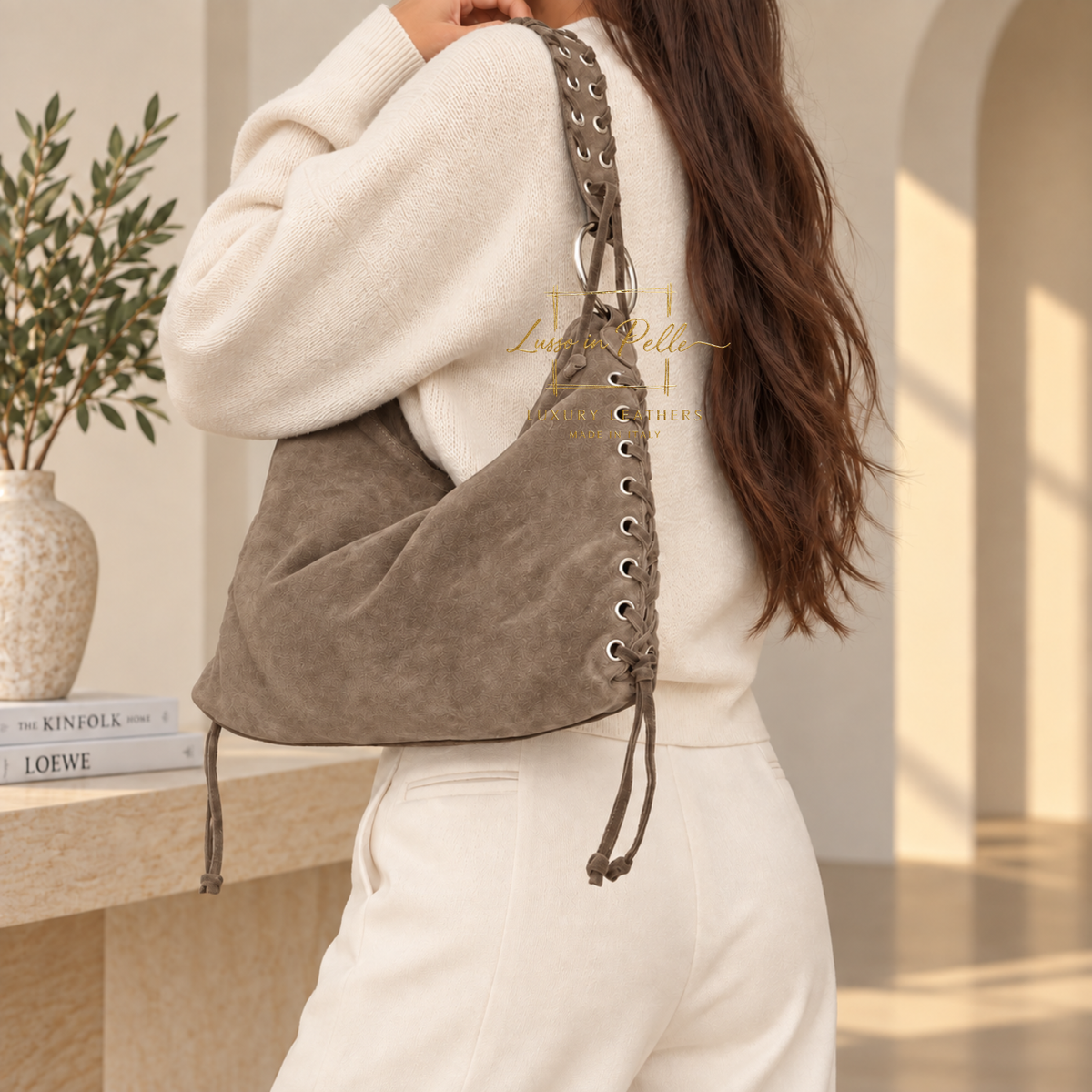 Genuine Suede Shoulder Bag with Lace-Up Detail