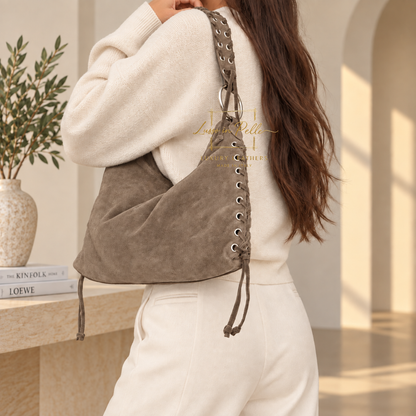 Genuine Suede Shoulder Bag with Lace-Up Detail