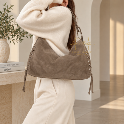 Genuine Suede Shoulder Bag with Lace-Up Detail