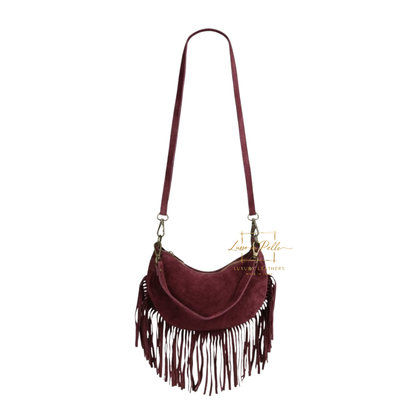 Genuine Small Suede Fringe Shoulder Bag with Adjustable Detachable Crossbody Strap