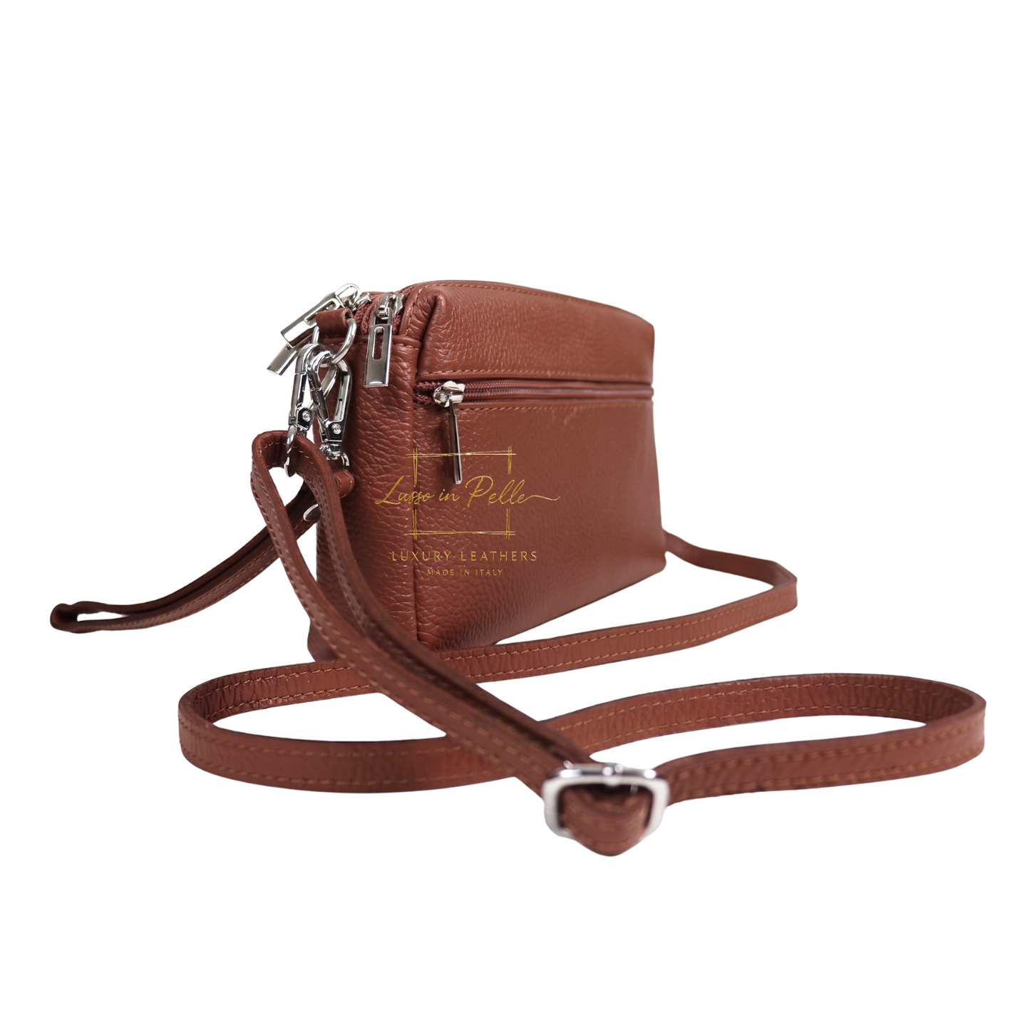 Italian Genuine Leather Multi Zip Crossbody Shoulder Bag