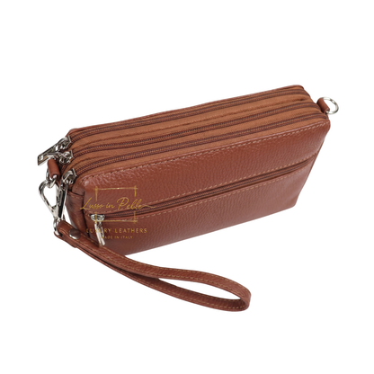 Italian Genuine Leather Multi Zip Crossbody Shoulder Bag