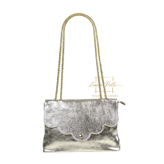 Italian Genuine Leather Scalloped Flap Chain Shoulder Bag