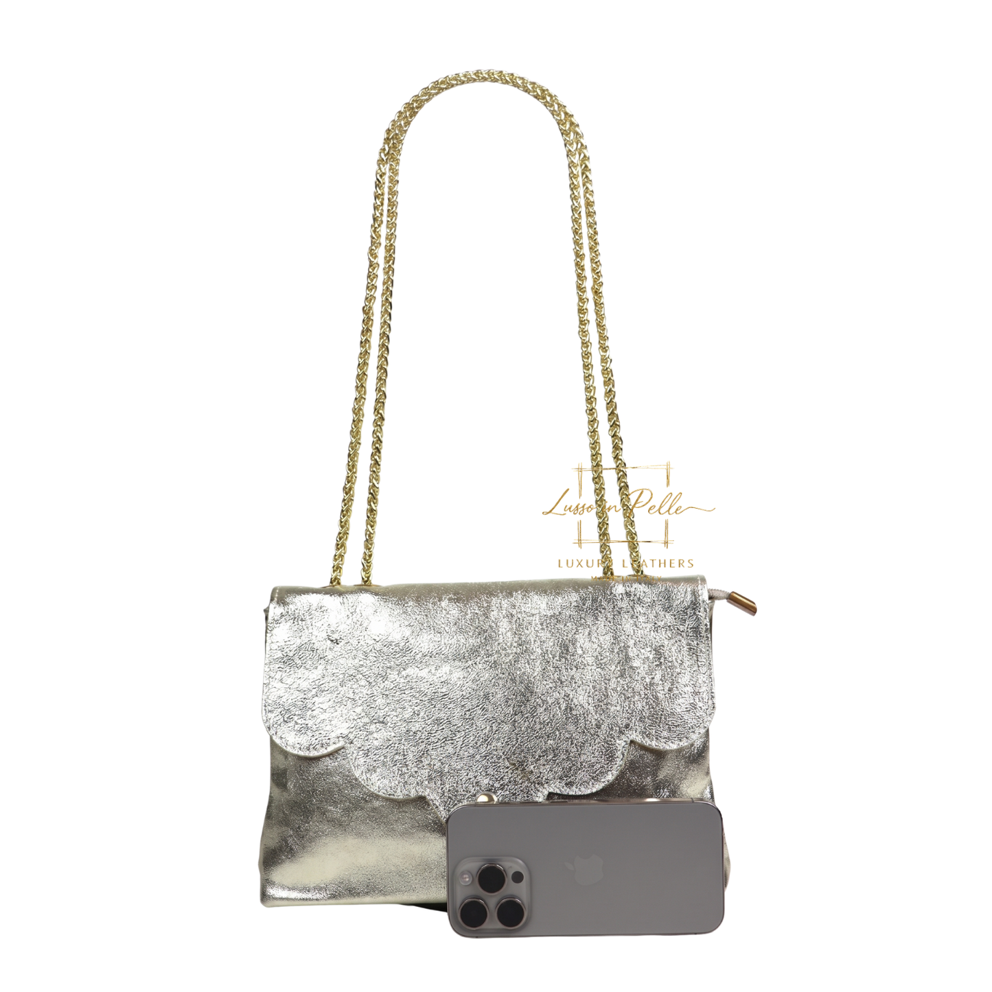 Italian Genuine Leather Scalloped Flap Chain Shoulder Bag