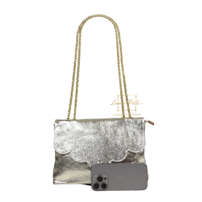 Italian Genuine Leather Scalloped Flap Chain Shoulder Bag