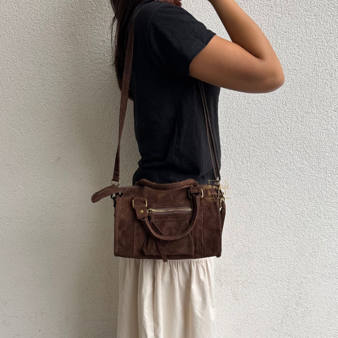 Small Suede Top Handle Crossbody Bag – Soft Genuine Leather Handbag with Detachable Strap