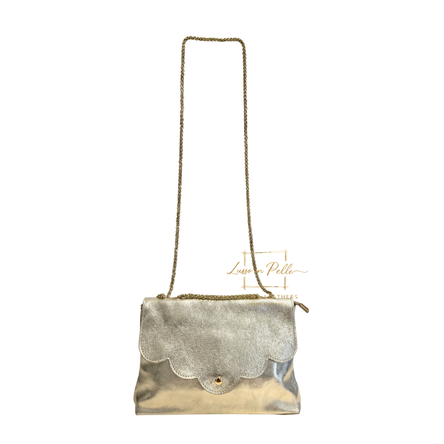 Italian Genuine Leather Scalloped Flap Chain Shoulder Bag