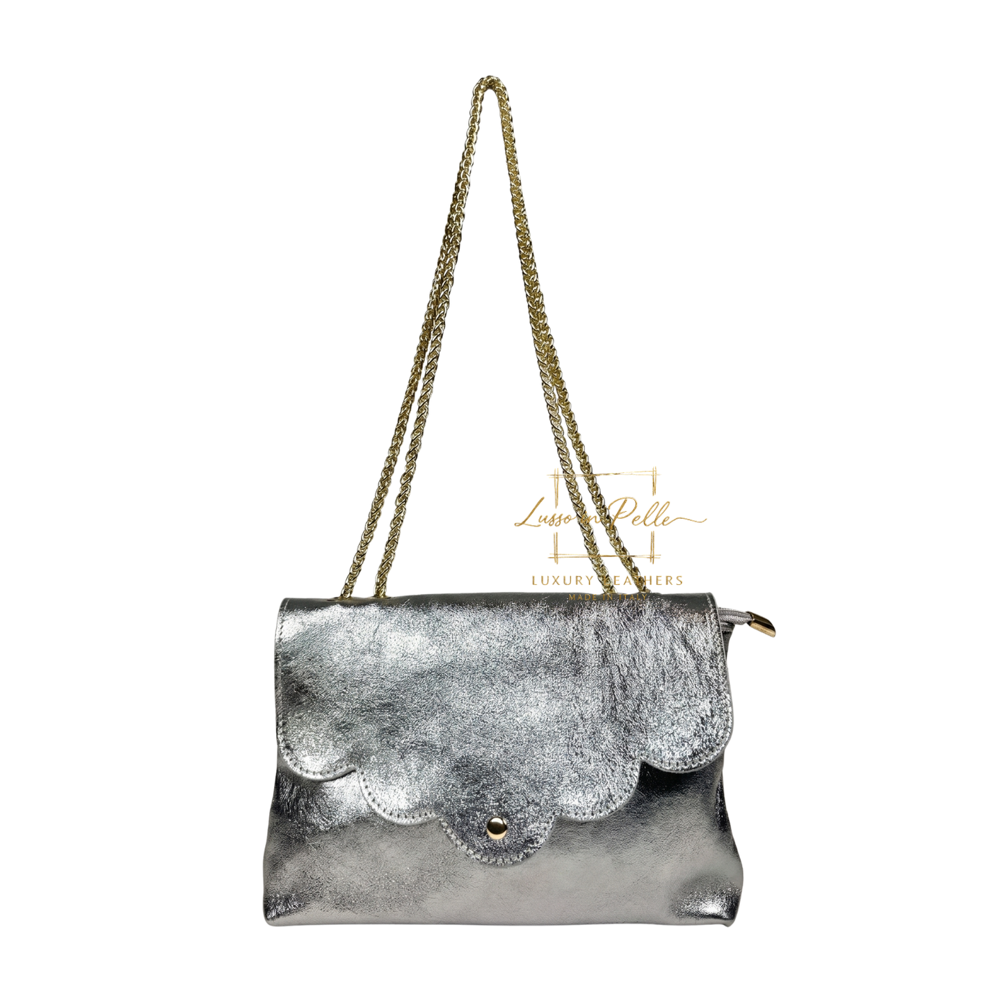 Italian Genuine Leather Scalloped Flap Chain Shoulder Bag
