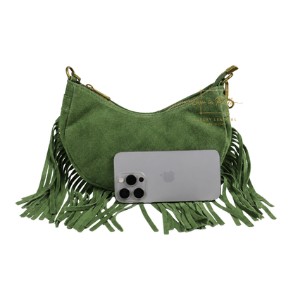 Genuine Small Suede Fringe Shoulder Bag with Adjustable Detachable Crossbody Strap