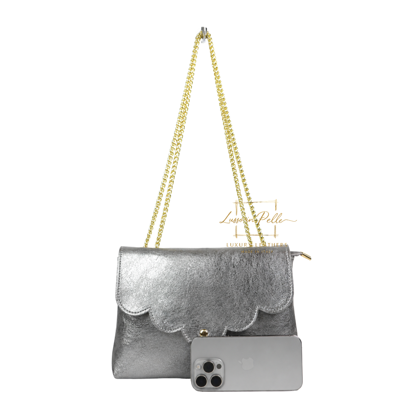 Italian Genuine Leather Scalloped Flap Chain Shoulder Bag