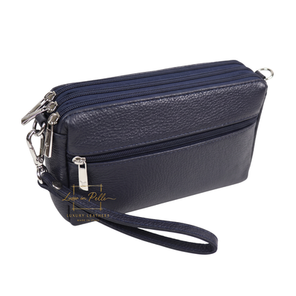Italian Genuine Leather Multi Zip Crossbody Shoulder Bag