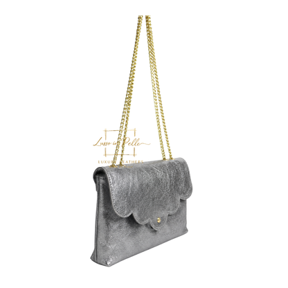 Italian Genuine Leather Scalloped Flap Chain Shoulder Bag