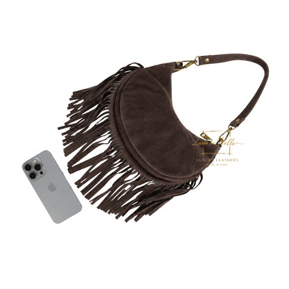 Genuine Small Suede Fringe Shoulder Bag with Adjustable Detachable Crossbody Strap