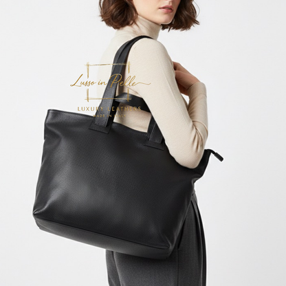 Large Grain Leather Tote Bag with Top Handle and Long Straps