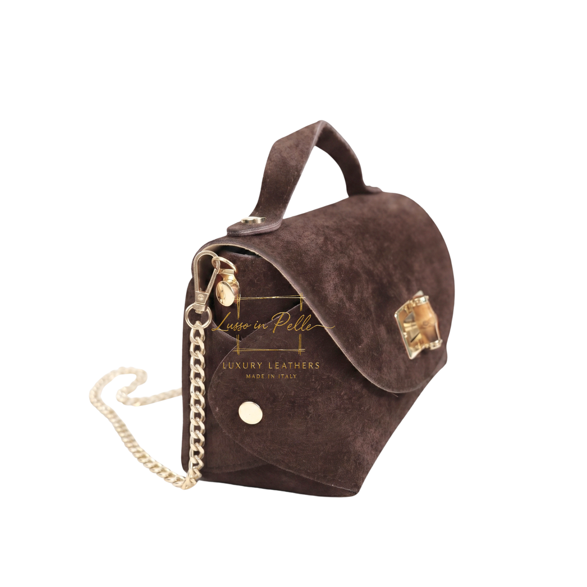 Genuine Suede Mini Top Handle Bag with Bamboo Twist Lock & Chain Strap
