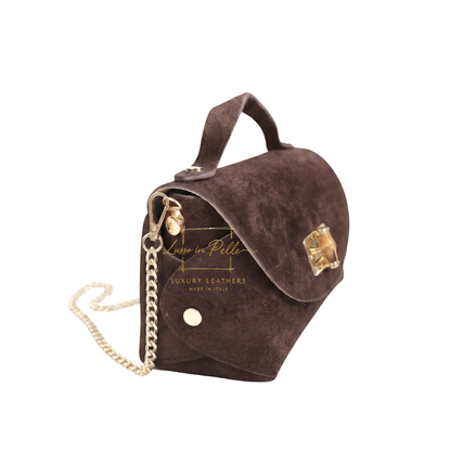 Genuine Suede Mini Top Handle Bag with Bamboo Twist Lock & Chain Strap