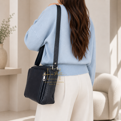 Italian Genuine Leather Multi Compartment Crossbody Bag with Front Zip Pocket
