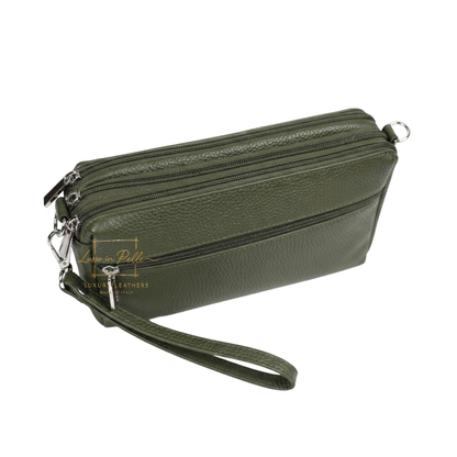 Italian Genuine Leather Multi Zip Crossbody Shoulder Bag