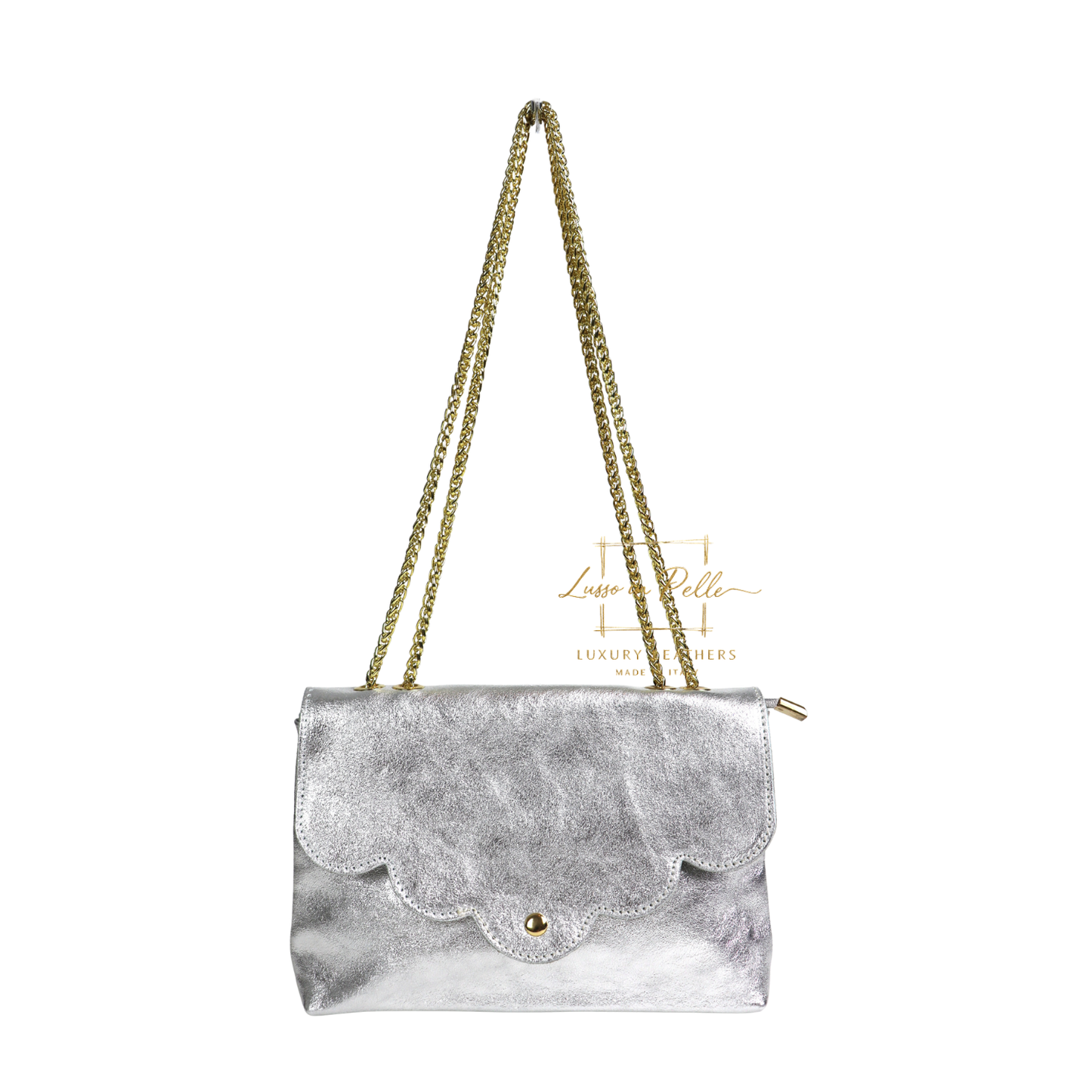 Italian Genuine Leather Scalloped Flap Chain Shoulder Bag
