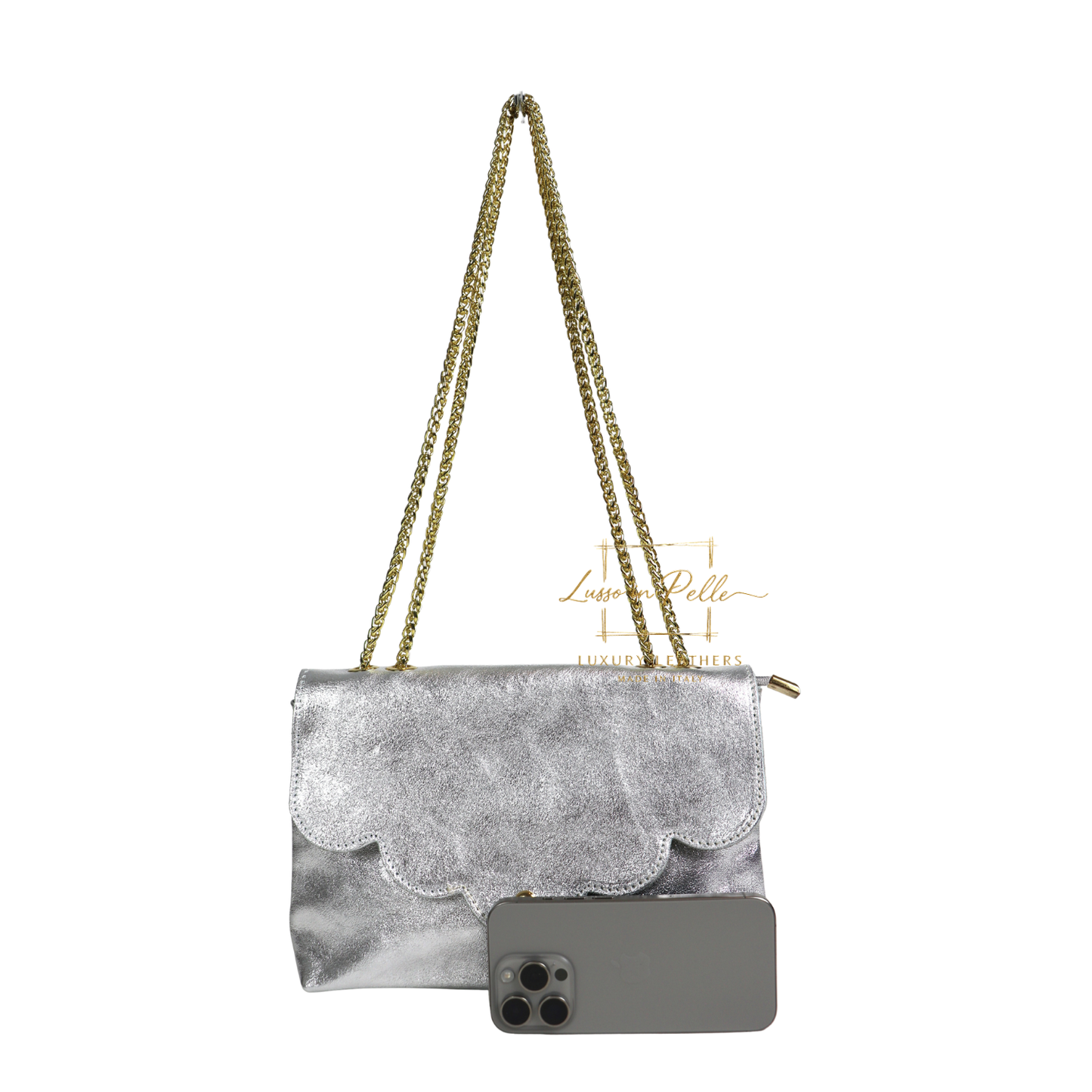 Italian Genuine Leather Scalloped Flap Chain Shoulder Bag