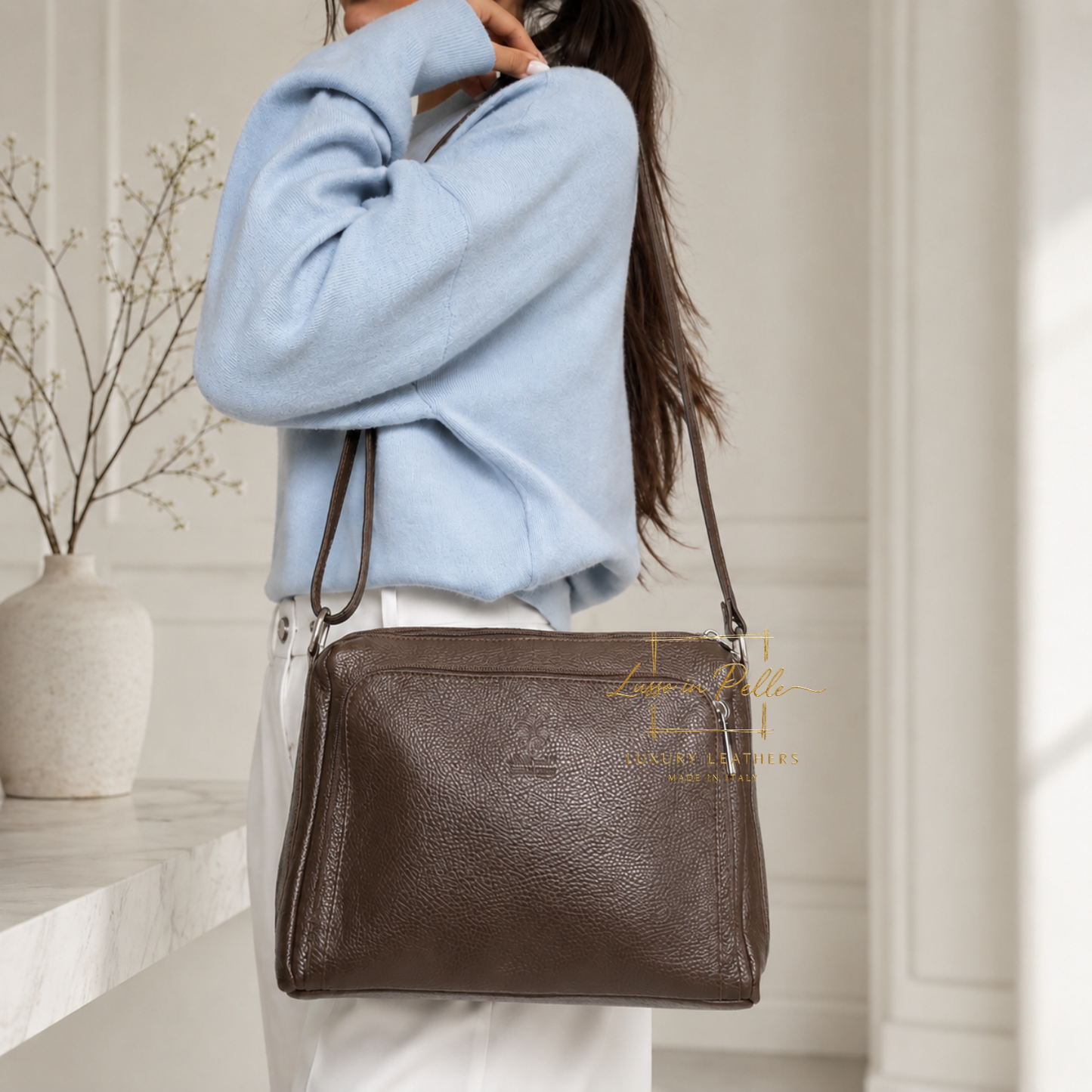 Italian Genuine Leather Multi Compartment Crossbody Bag with Front Zip Pocket