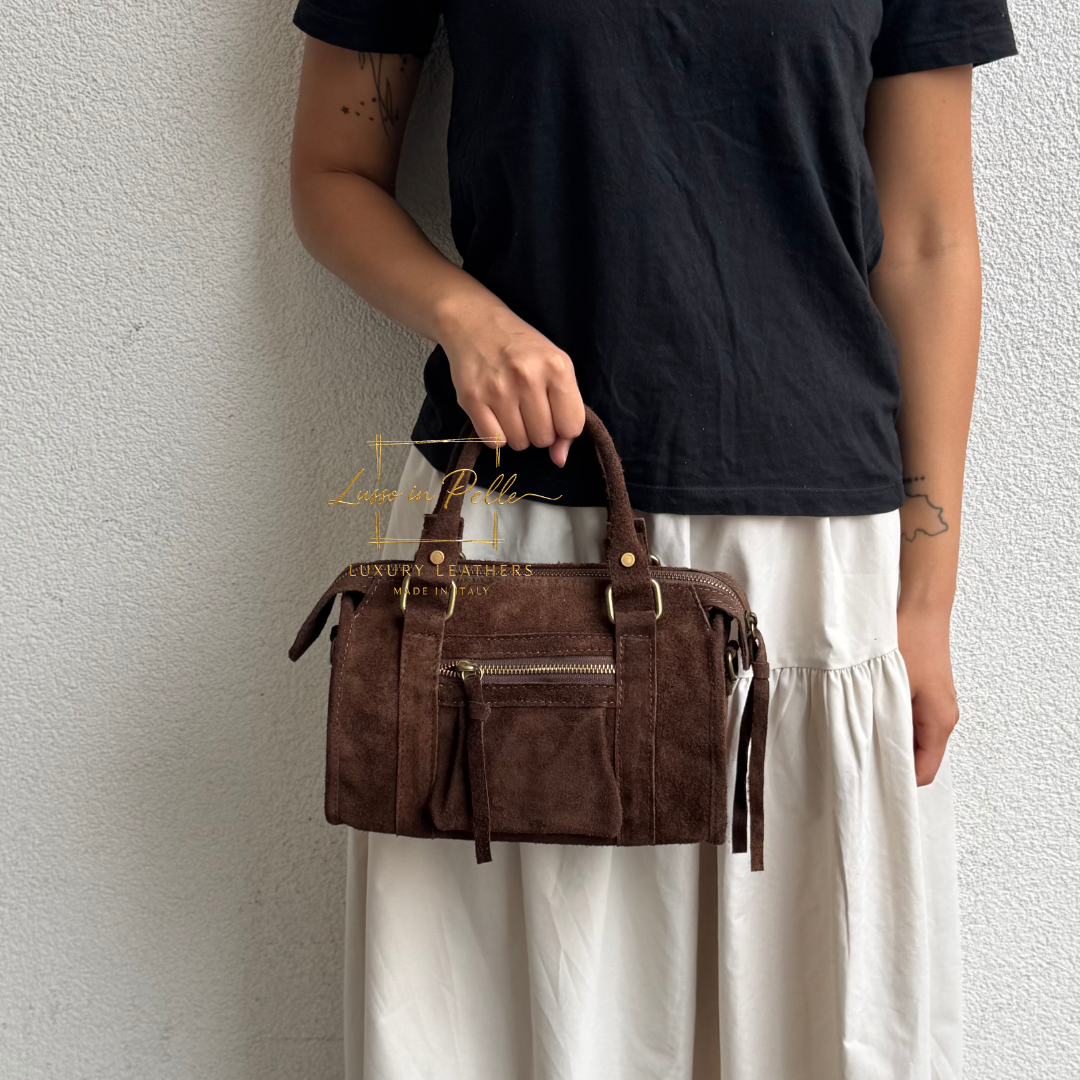 Small Suede Top Handle Crossbody Bag – Soft Genuine Leather Handbag with Detachable Strap