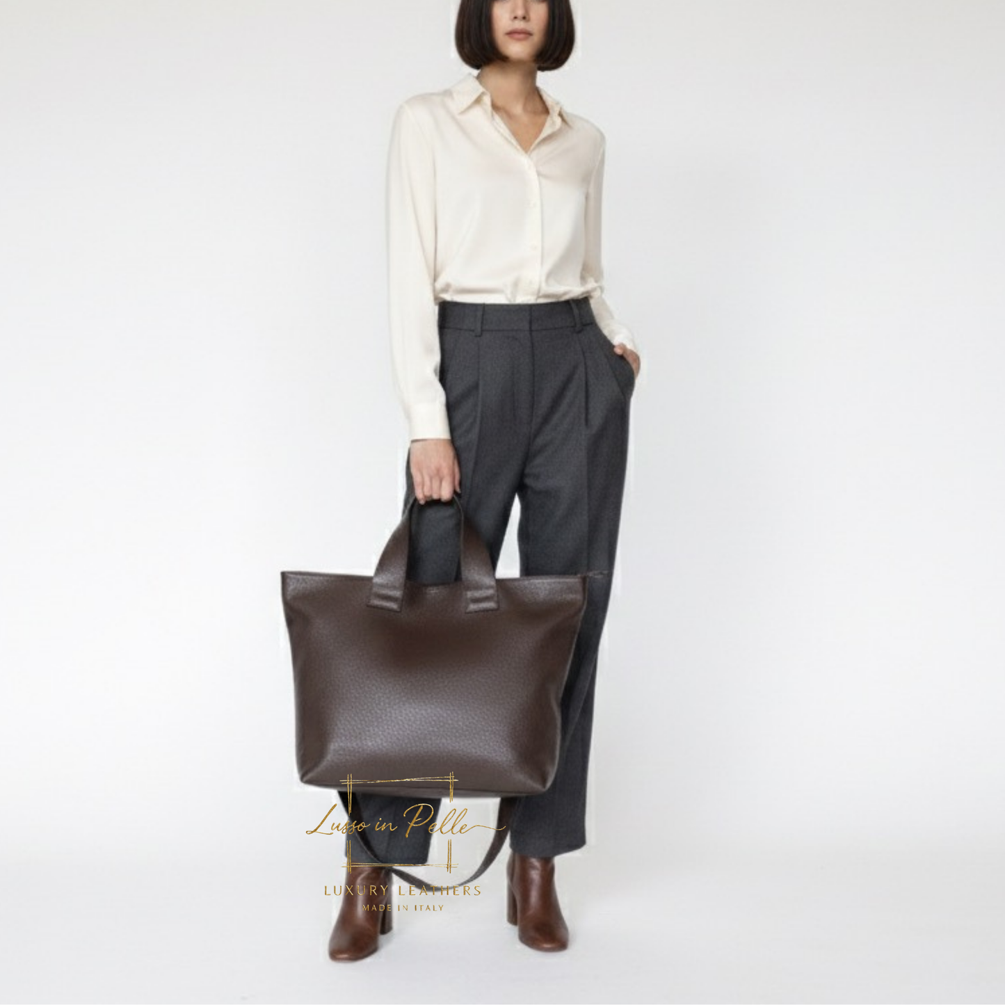 Large Grain Leather Tote Bag with Top Handle and Long Straps