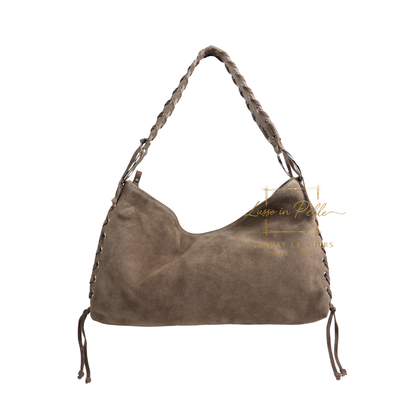 Genuine Suede Shoulder Bag with Lace-Up Detail