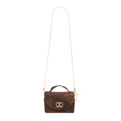 Genuine Suede Mini Top Handle Bag with Bamboo Twist Lock & Chain Strap