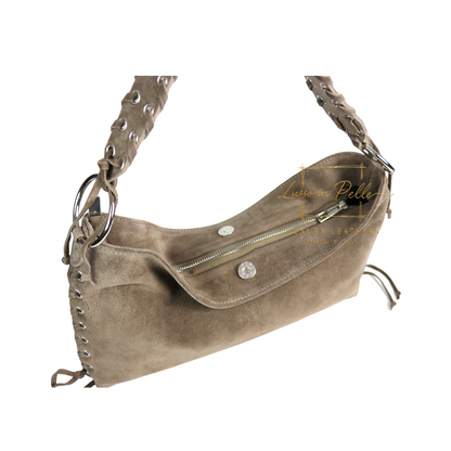 Genuine Suede Shoulder Bag with Lace-Up Detail
