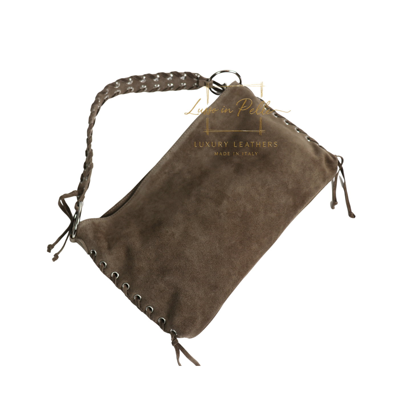 Genuine Suede Shoulder Bag with Lace-Up Detail