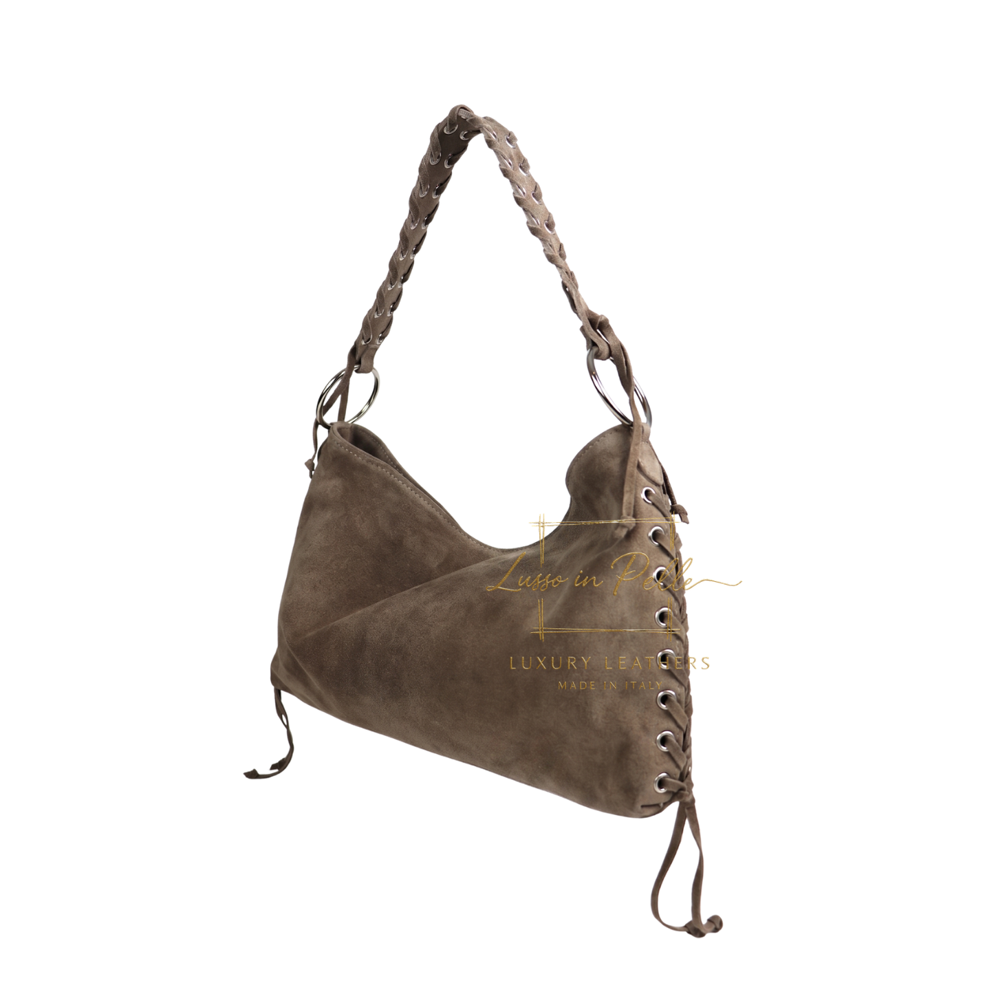 Genuine Suede Shoulder Bag with Lace-Up Detail