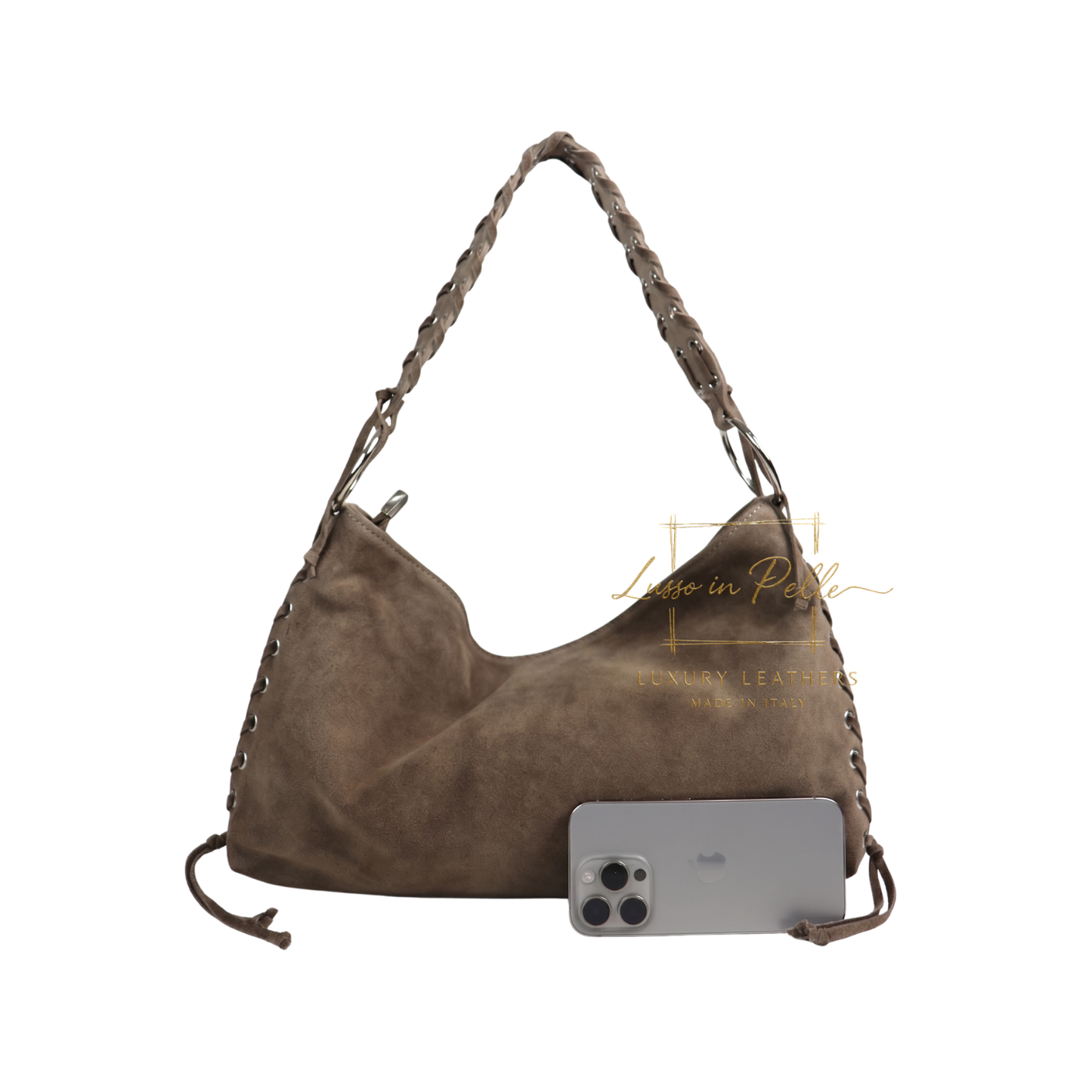 Genuine Suede Shoulder Bag with Lace-Up Detail