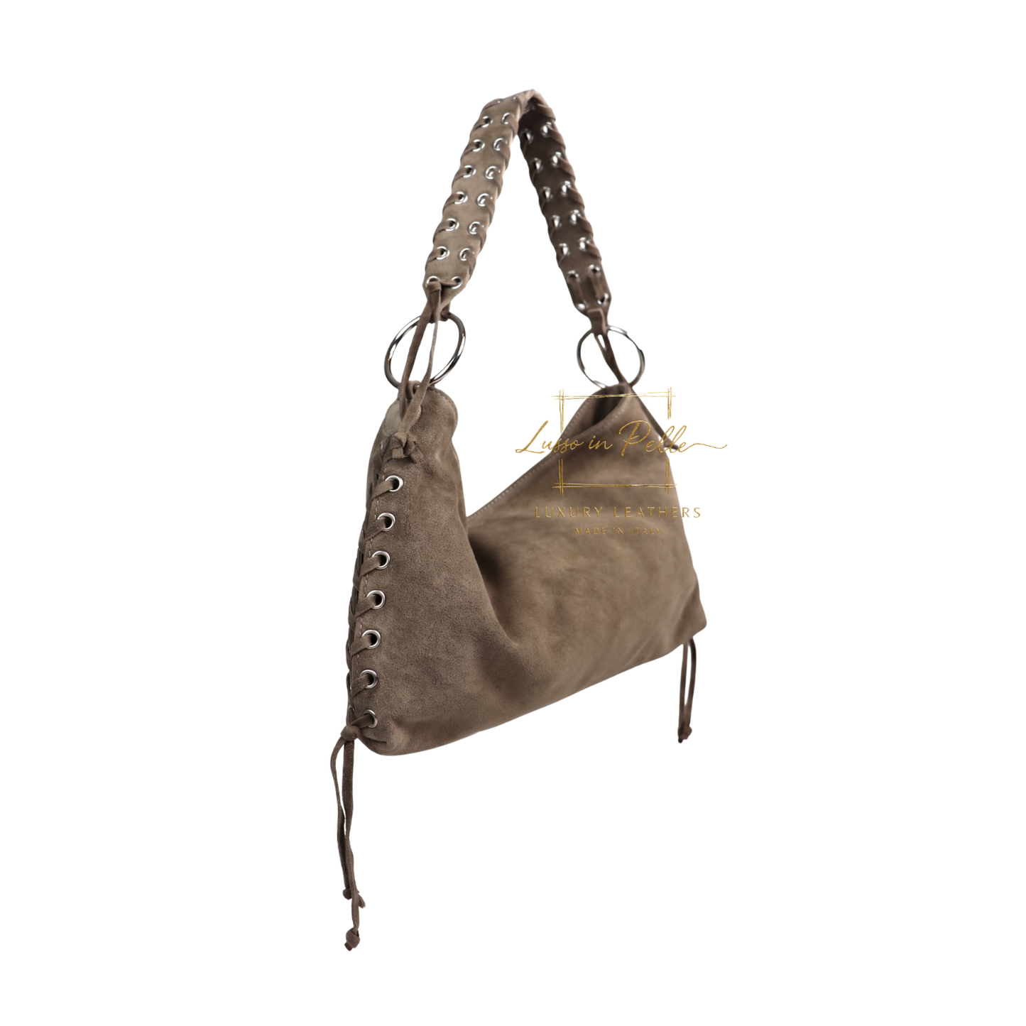 Genuine Suede Shoulder Bag with Lace-Up Detail