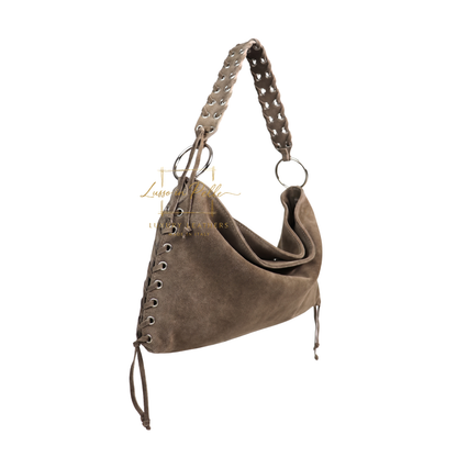 Genuine Suede Shoulder Bag with Lace-Up Detail