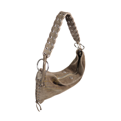 Genuine Suede Shoulder Bag with Lace-Up Detail