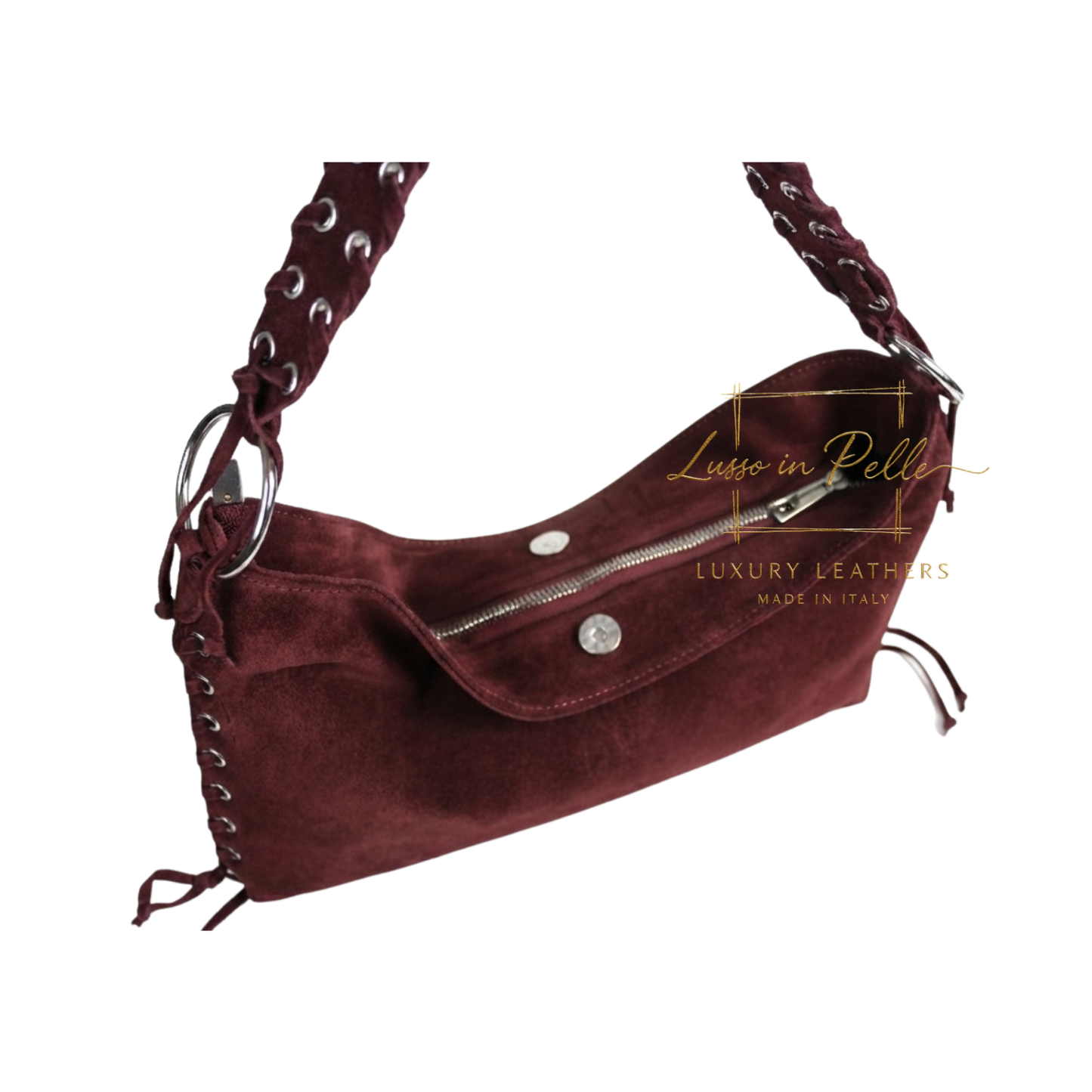 Genuine Suede Shoulder Bag with Lace-Up Detail