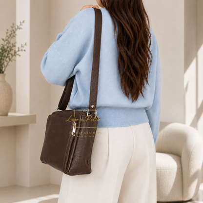 Italian Genuine Leather Multi Compartment Crossbody Bag with Front Zip Pocket